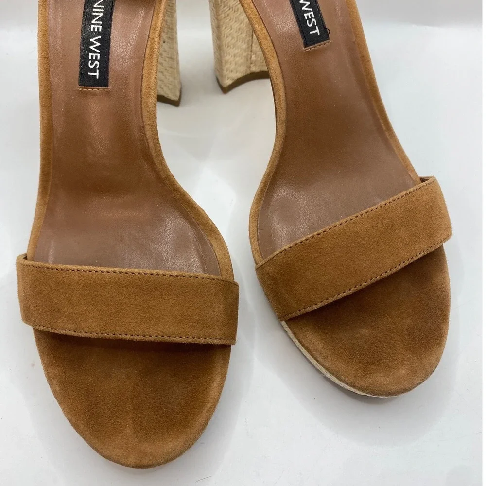 Nine West Womens Tan Suede Raffia Block Heel Platform Sandals Size‎ 8M Brown